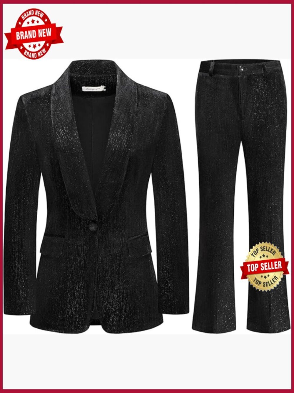 Silver Thread Velvet 2 Piece Pantsuit Set Blazer Flared Pants